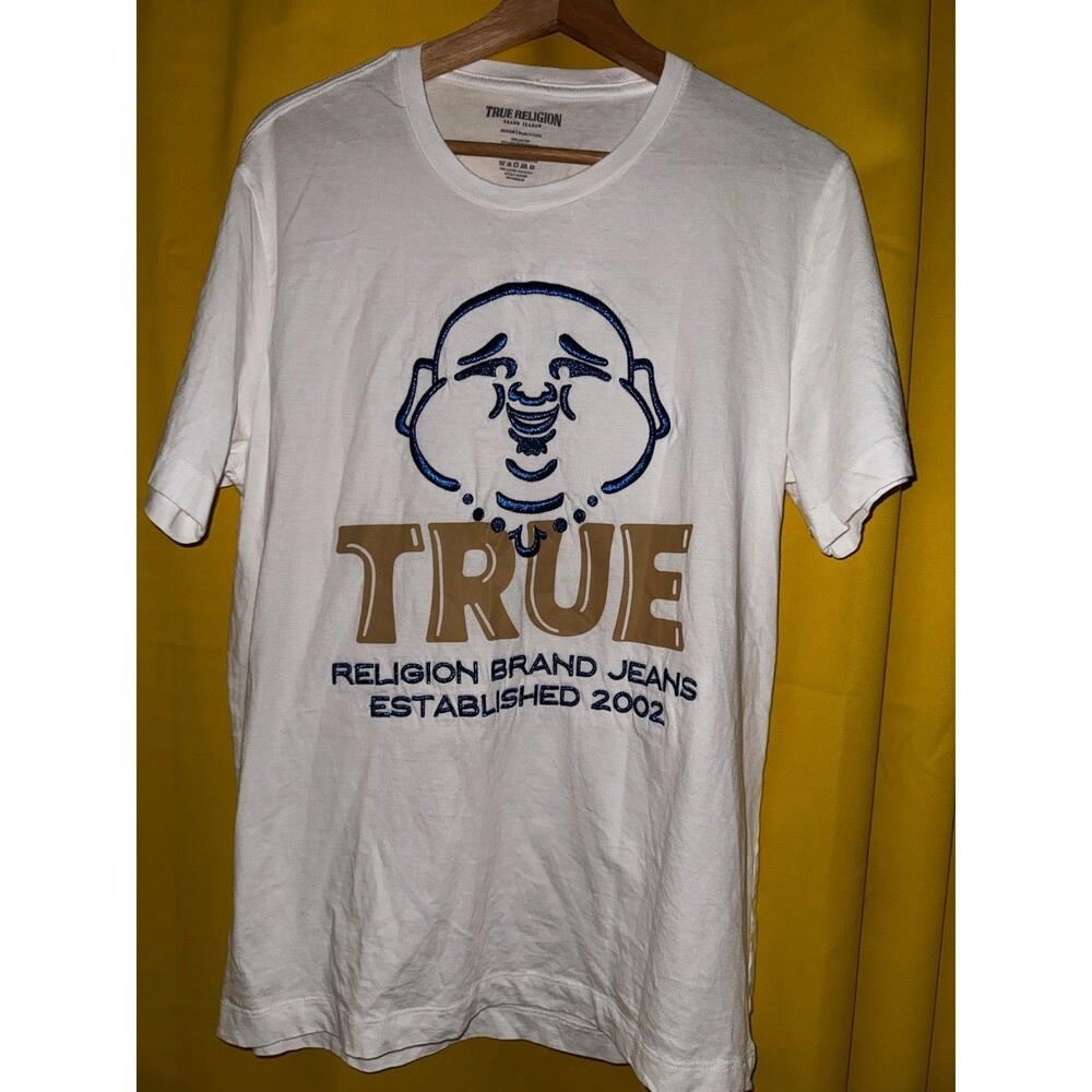 True Religion Mens M White Buddha Graphic T Shirt Blue Metallic Logo Cotton Tee